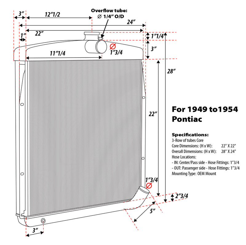 1949 1950 1951 1952 1953 1954 Pontiac 3-row Aluminum Radiator Replacement