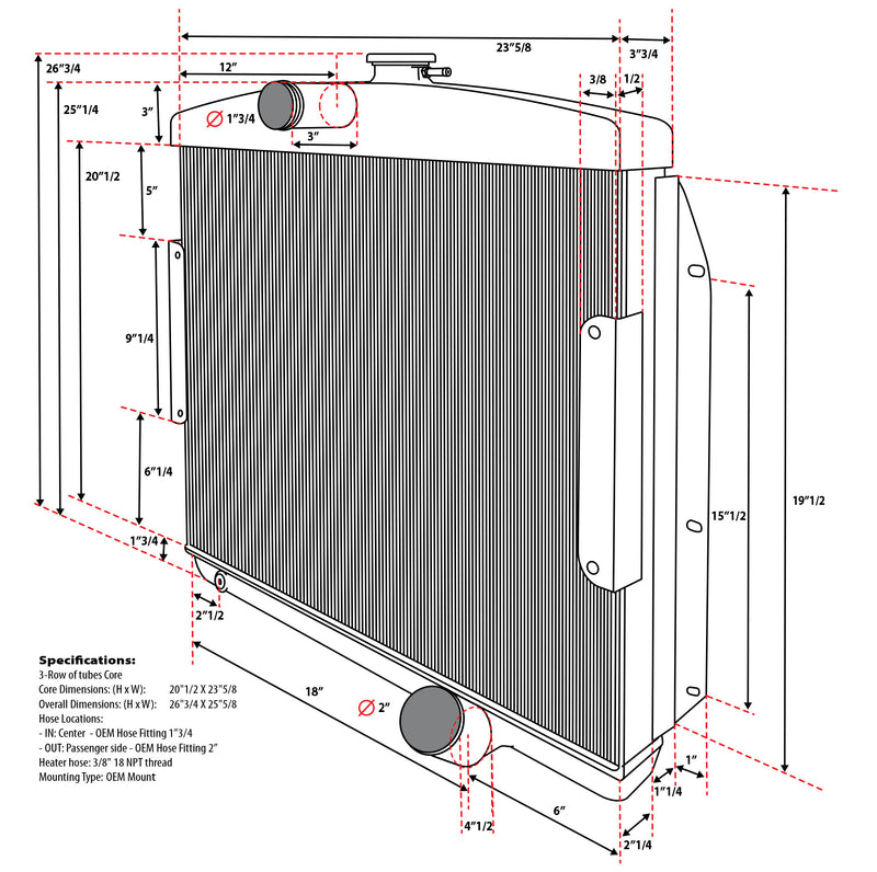 1955 - 1956 Pontiac with Dual-Range Hydra-Matic 3-row Aluminum Radiator Replacement