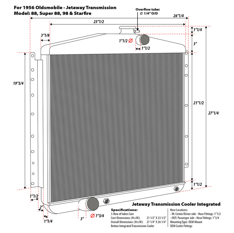 1956 Oldsmobile 3-row Aluminum Radiator Replacement - Jetaway Transmission