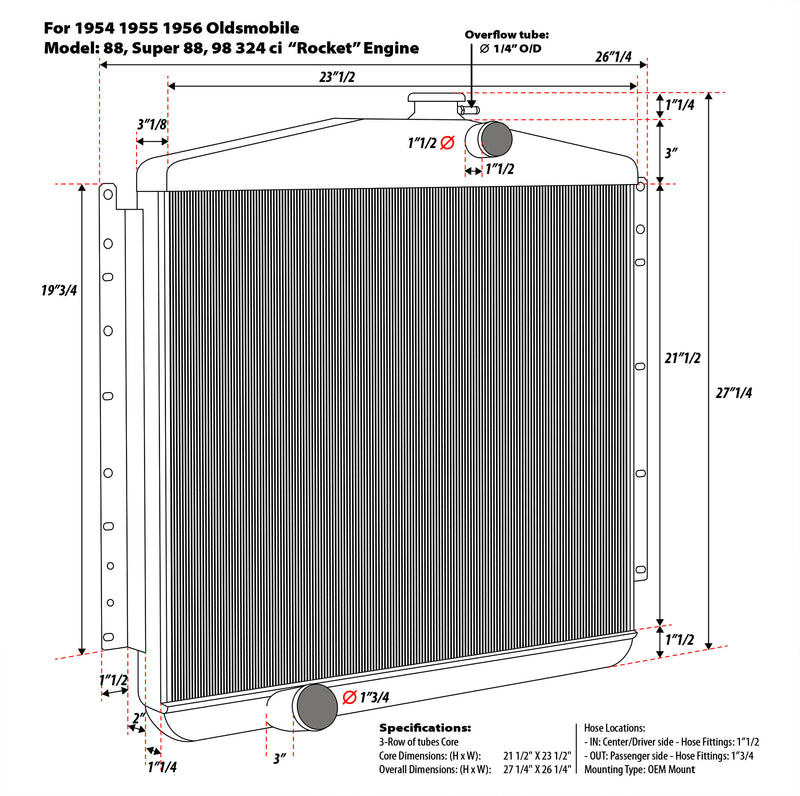 1954 Oldsmobile 3-row Aluminum Radiator Replacement