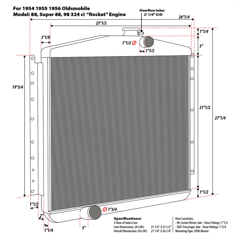 1956 Oldsmobile 3-row Aluminum Radiator Replacement - Hydramatic Transmission